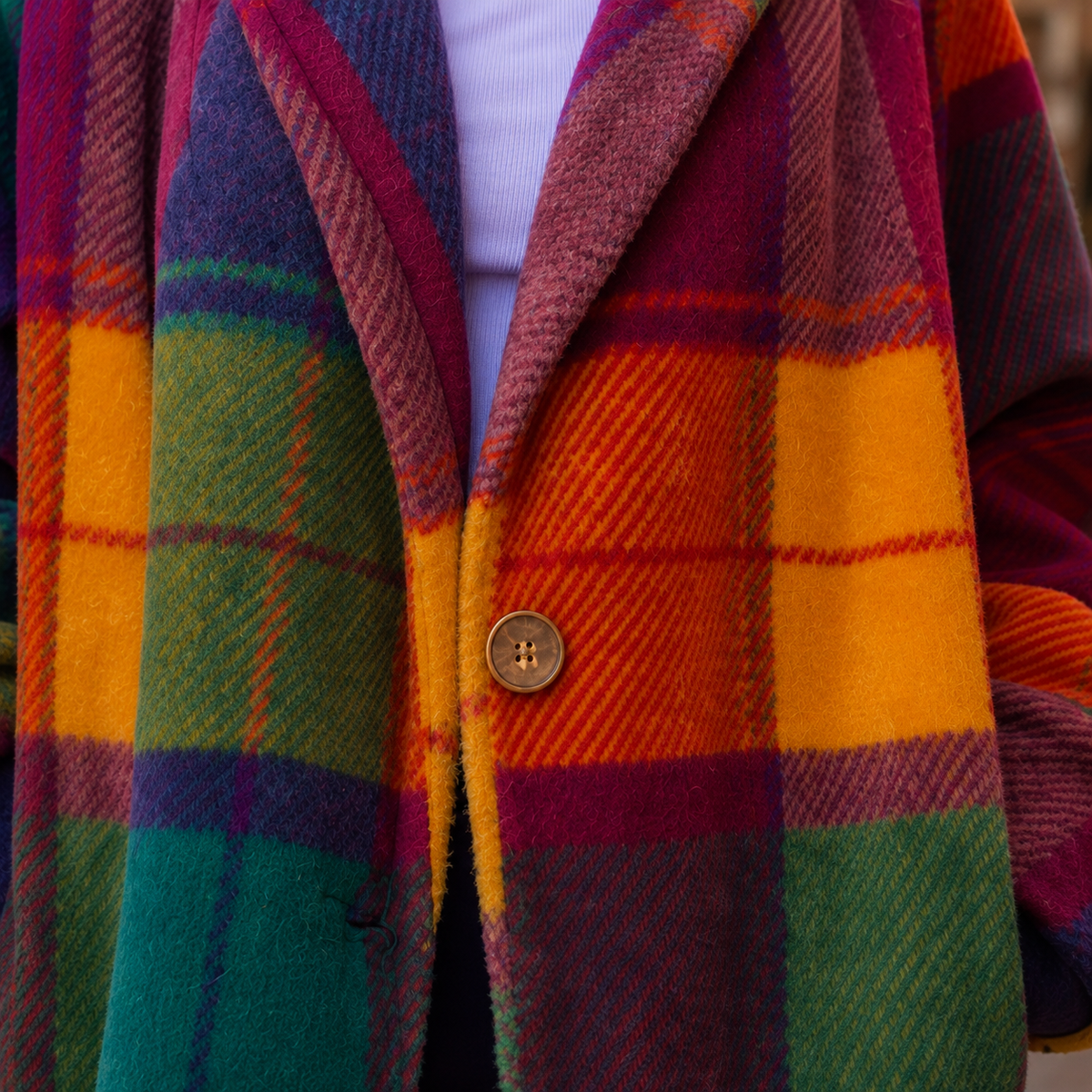 Jacket Wool Plaid Oversized Longline with Wide Notched Lapels