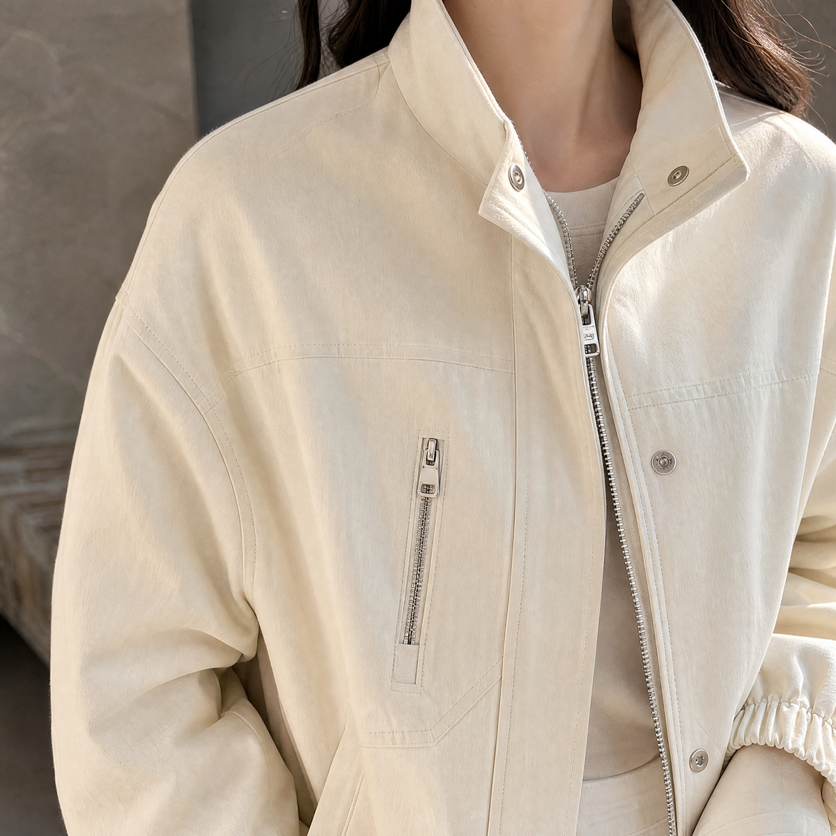 Stand Collar Jacket Polyester Cropped Lined with Zip and Snap Front
