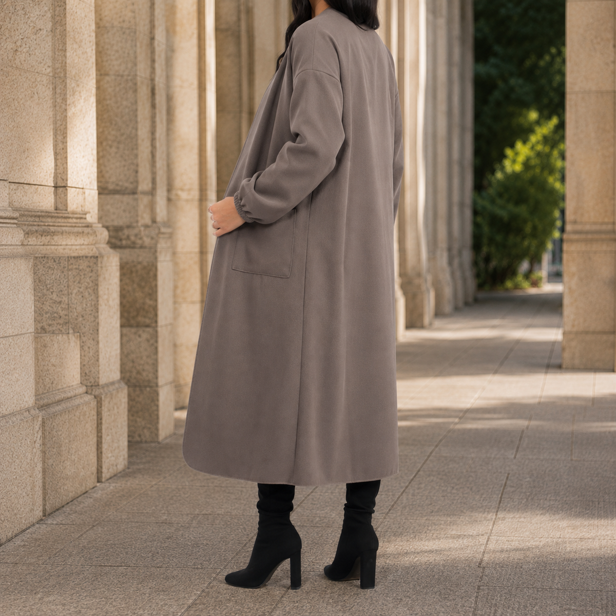 Coat Polyester Waterfall Longline with Collarless Open Front