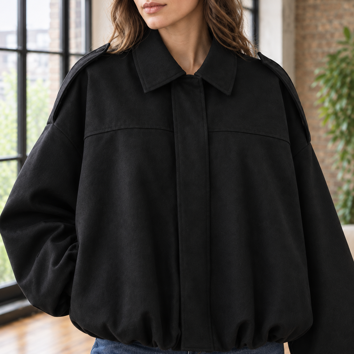 Pilot Jacket Faux Suede Cropped with Concealed Zip and Bubble Hem