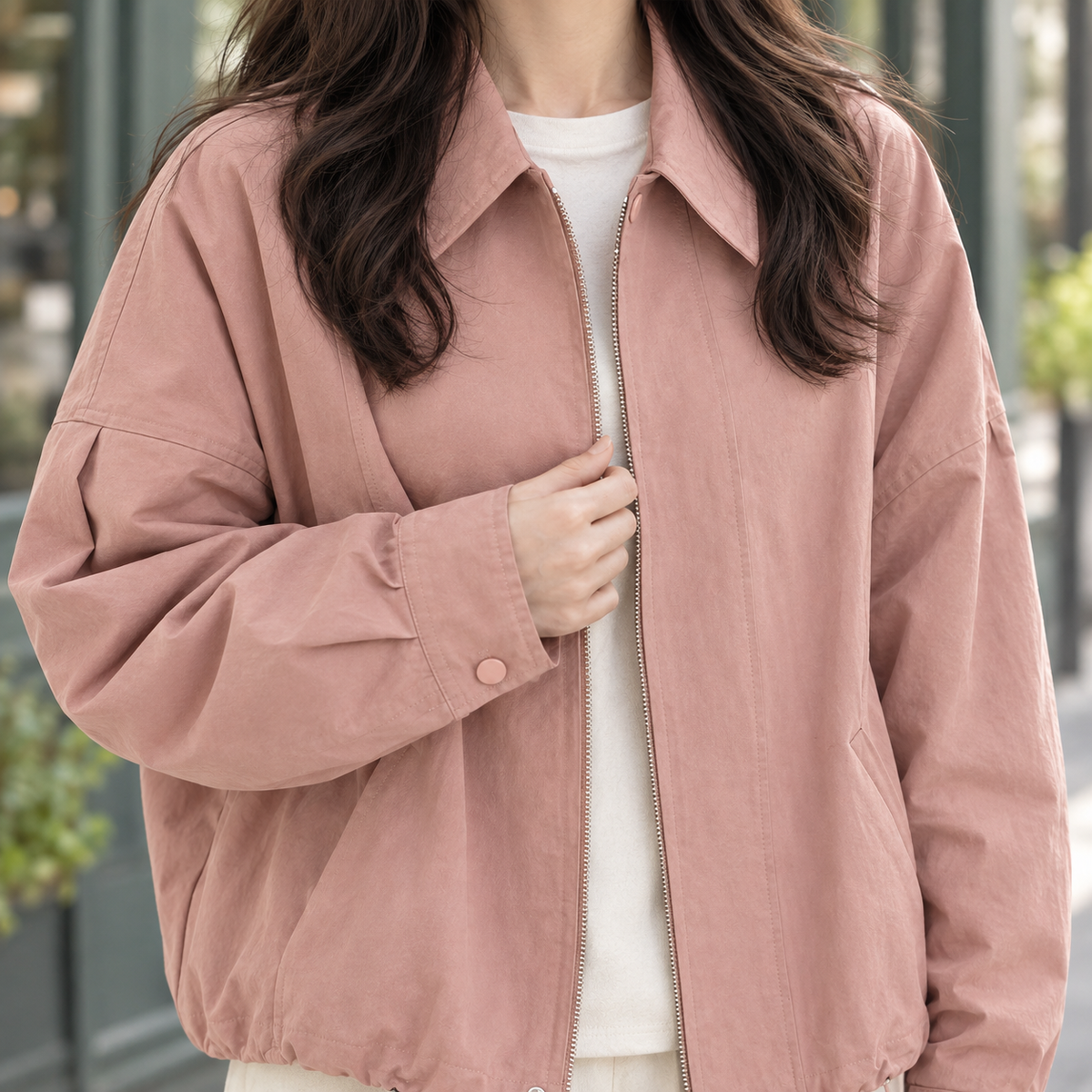 Jacket Polyester Relaxed with Point Collar and Drawstring Hem