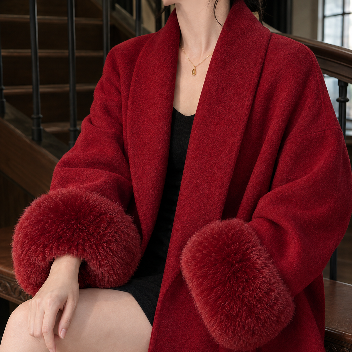 Coat Cashmere-Feel Brushed Polyester with Shawl Collar and Open Front