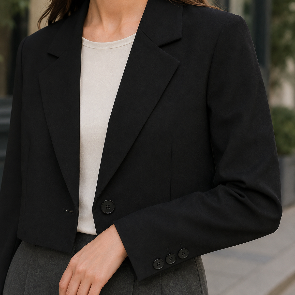 Blazer Polyester Cropped Relaxed with Broad Lapels and Single Button