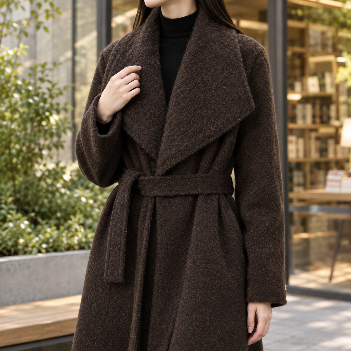 Coat Wool Blend Belted Longline with Oversized Shawl Collar