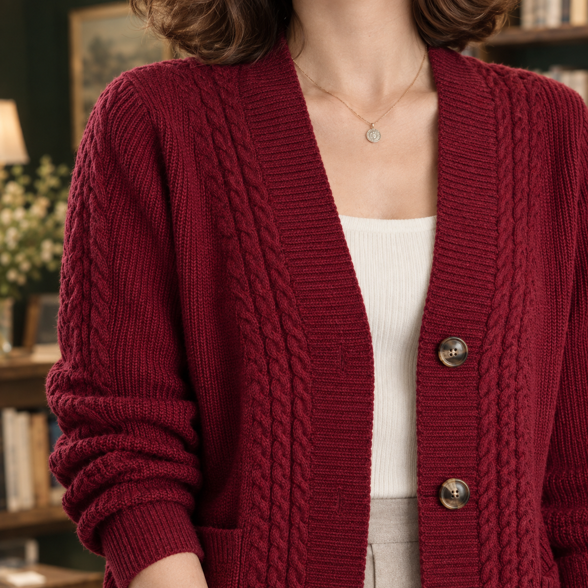 Wool-Blend Cable Knit Cardigan