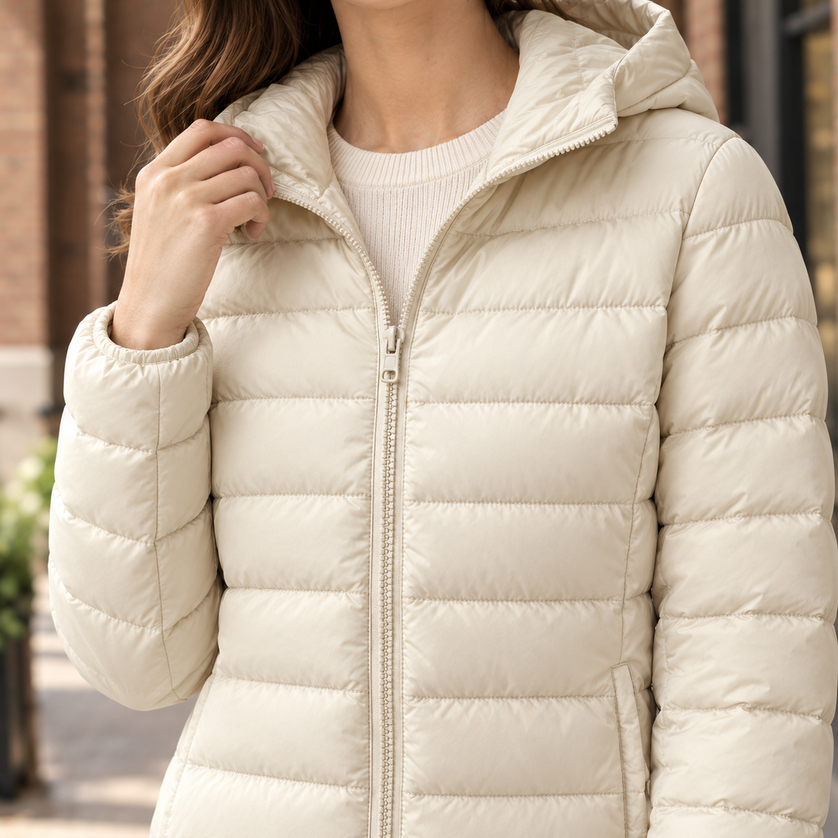 Quilted Jacket Cashmere-Feel Slim Hip-Length with Fixed Padded Hood