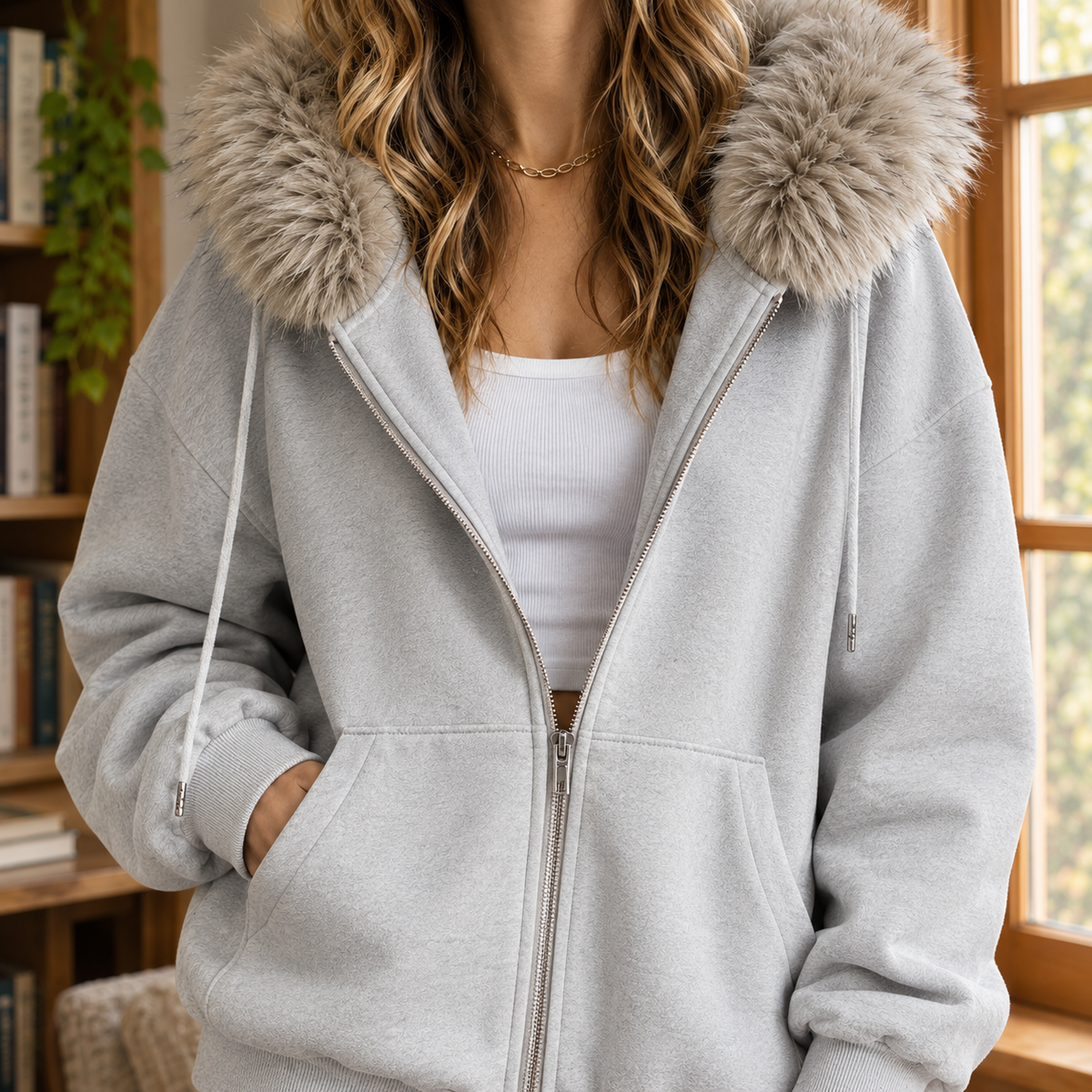 Faux Fur Trim Zip Hoodie