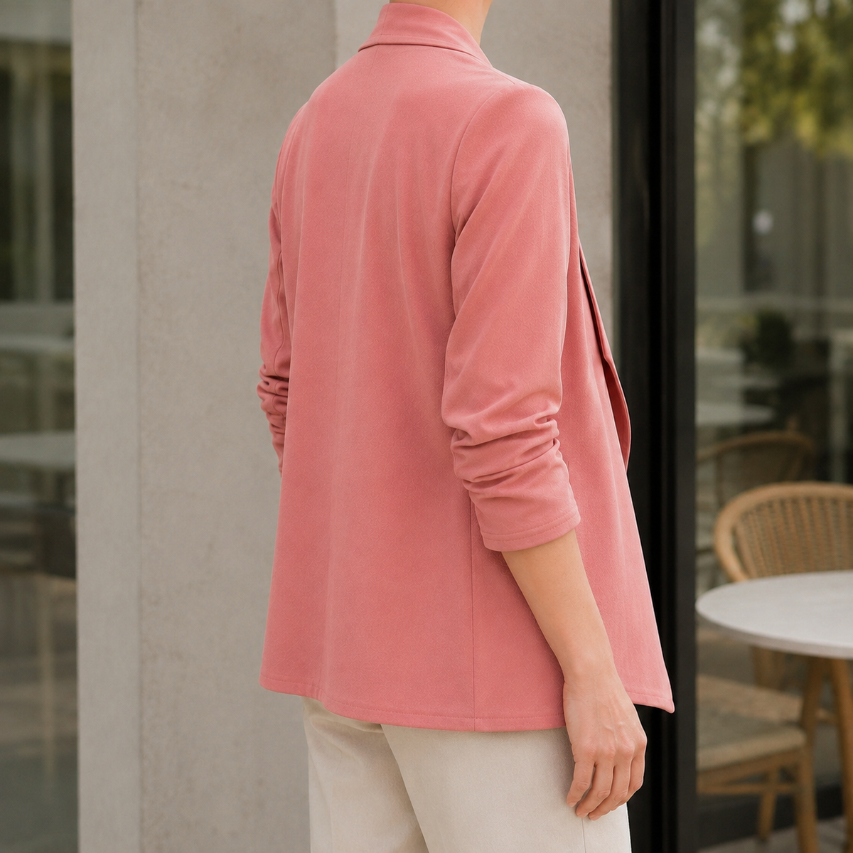 Blazer Polyester Draped Collarless with Open Front, Gathered Sleeves