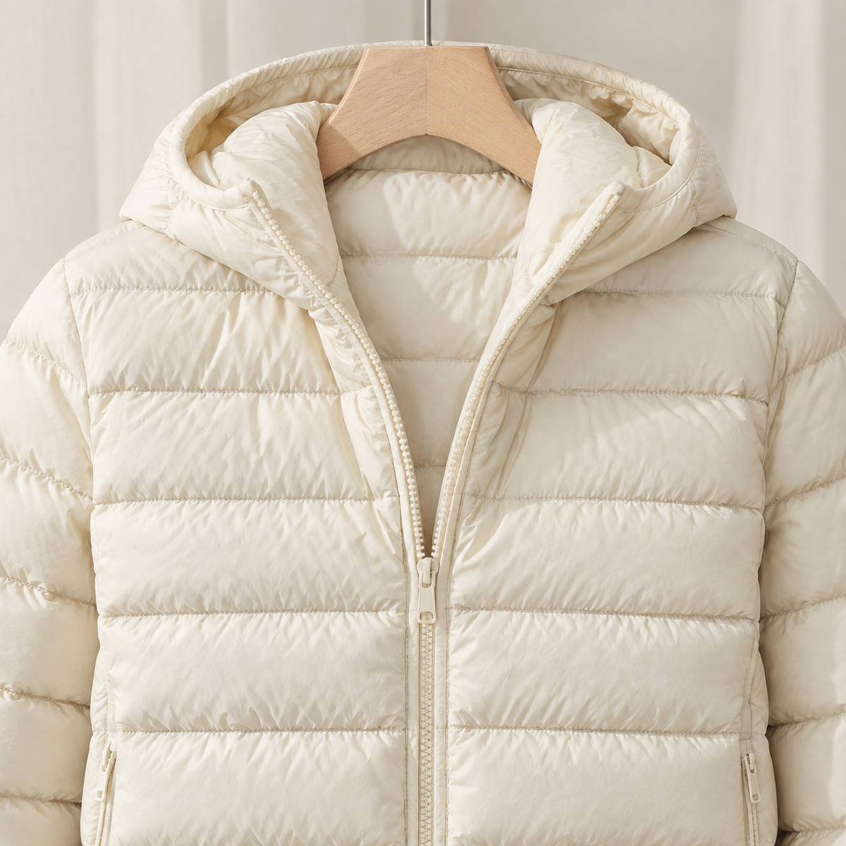 Puffer Jacket White Duck Down Hooded with Horizontal Quilting and Zip