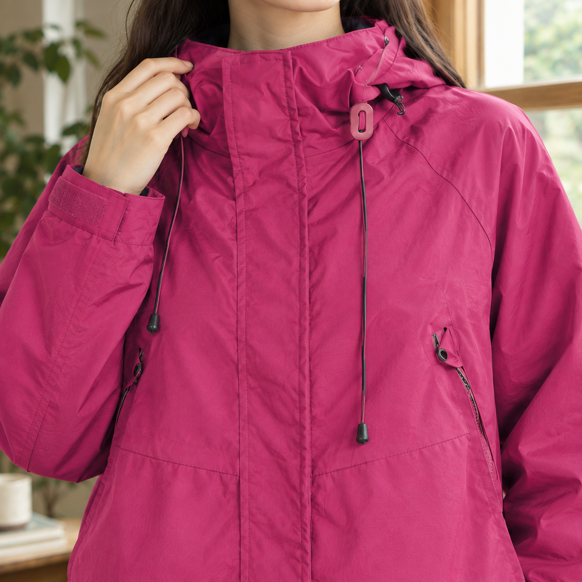 Hooded Utility Jacket Cotton Blend with Drawcord and Four Pockets