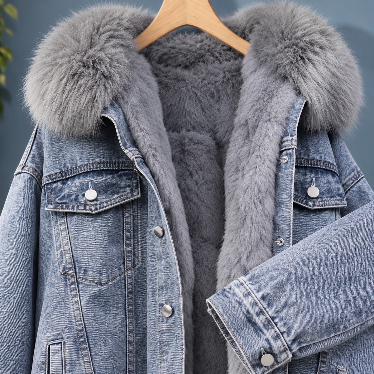 Denim Jacket Plush Lined with Oversized Trimmed Hood and Four Pockets