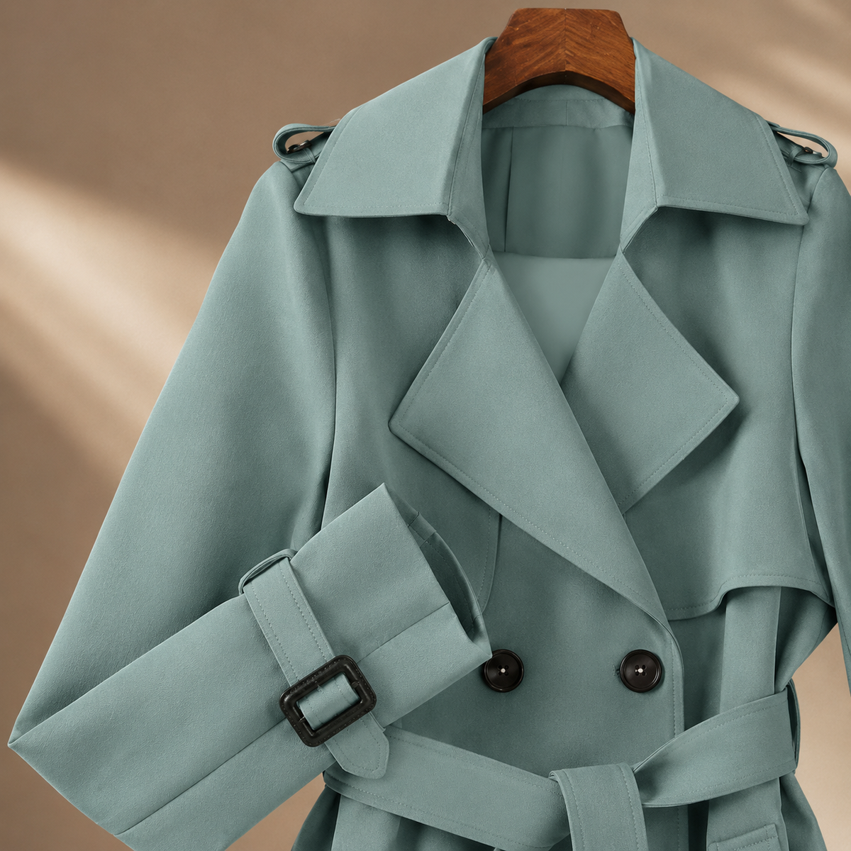 Overcoat Polyester Longline with Wide Lapels, Tie Belt and Cuff Straps