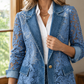 Denim Jacket Lace Panel with Notched Lapels and Scalloped Edging