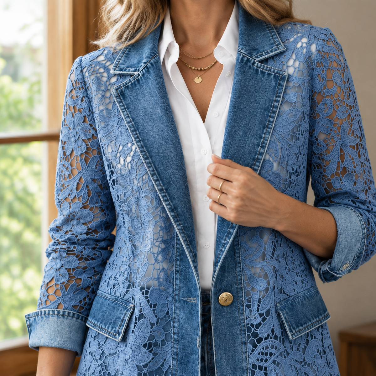Denim Jacket Lace Panel with Notched Lapels and Scalloped Edging