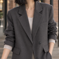 Blazer Polyester Relaxed Hip-Length with Notch Lapels, Offset Buttons