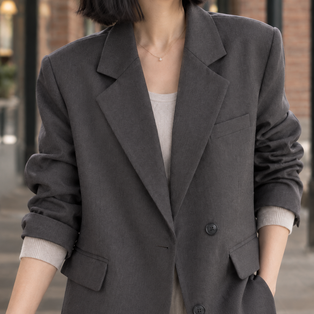 Blazer Polyester Relaxed Hip-Length with Notch Lapels, Offset Buttons