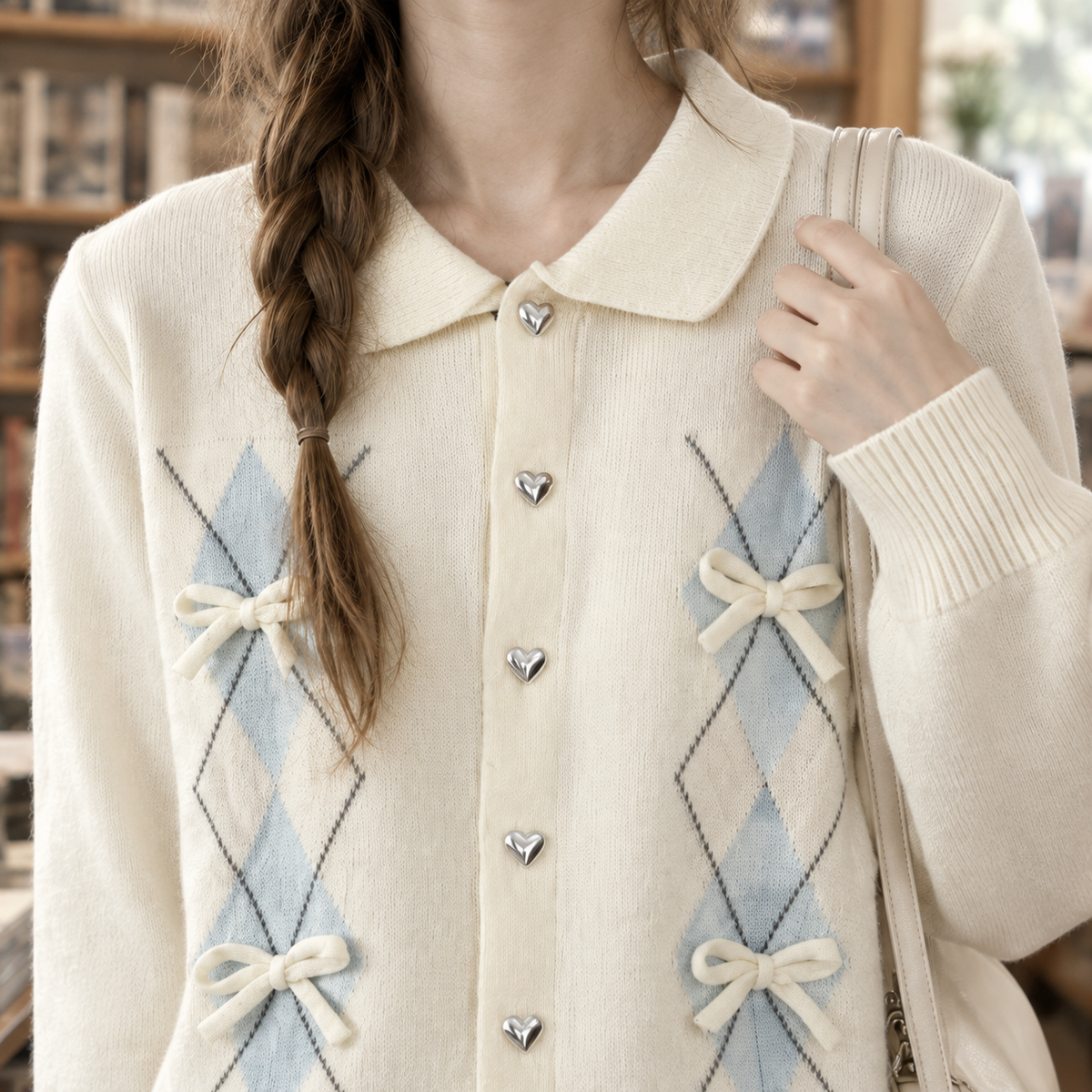 Bow Cardigan with Rounded Collar