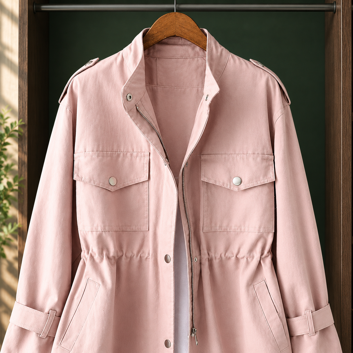 Utility Jacket Polyester Relaxed with Drawstring Waist, Zip-Snap Front