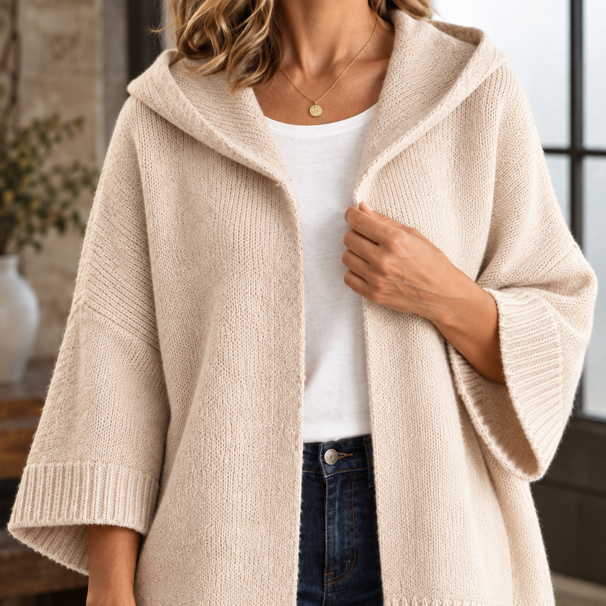 Cotton-Blend Hooded Cardigan with Easy Drape