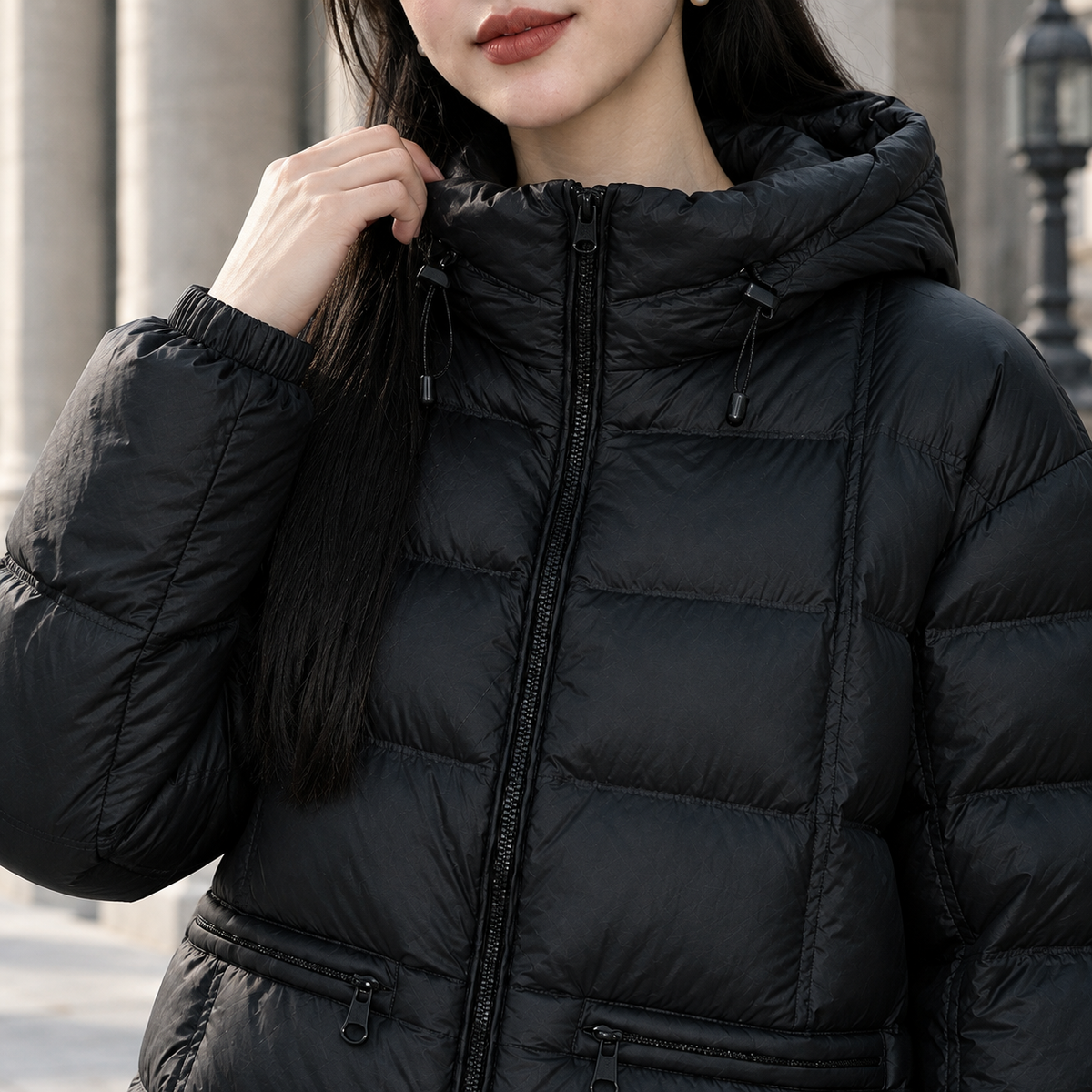 Quilted Jacket Duck Down Hooded Relaxed with Zip Waist Pockets