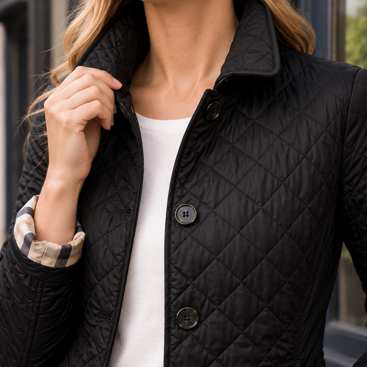 Quilted Jacket Polyester Diamond-Quilted with Checked Turn-Back Cuffs