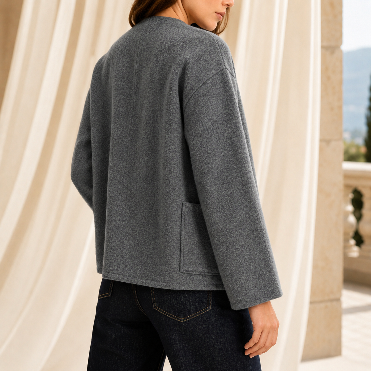 Jacket Wool Blend Collarless with Frog Closures and Patch Pockets