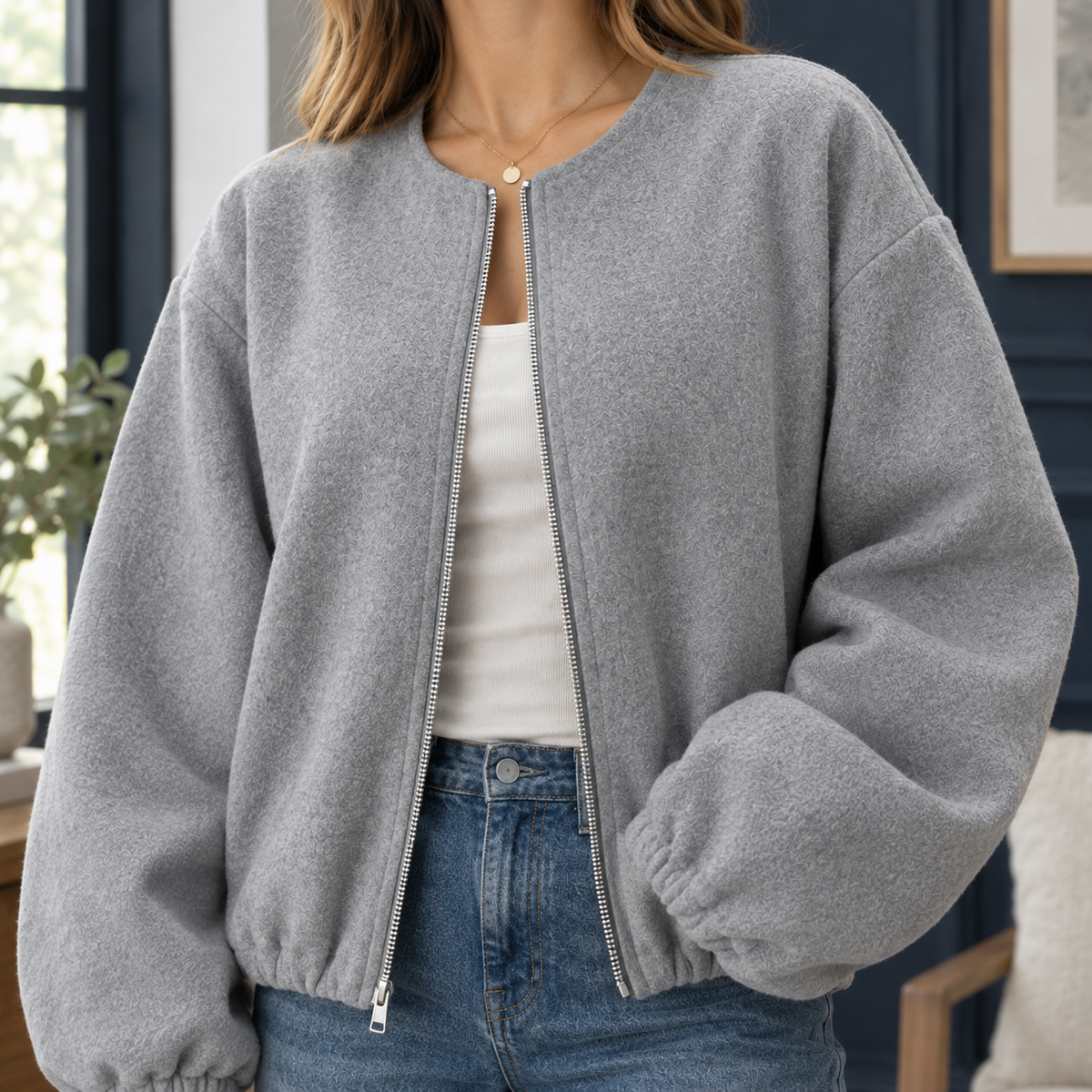 Jacket Polyester Cropped Zip Front with Balloon Sleeves and Round Neck