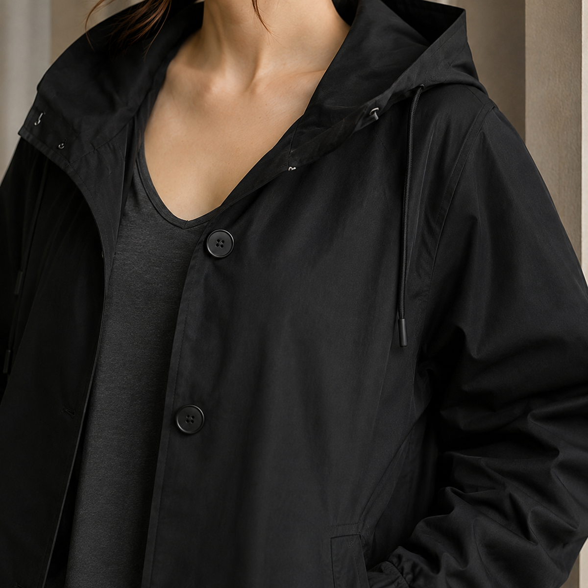 Hooded Overcoat Polyester Sweeping Longline with Angled Pockets