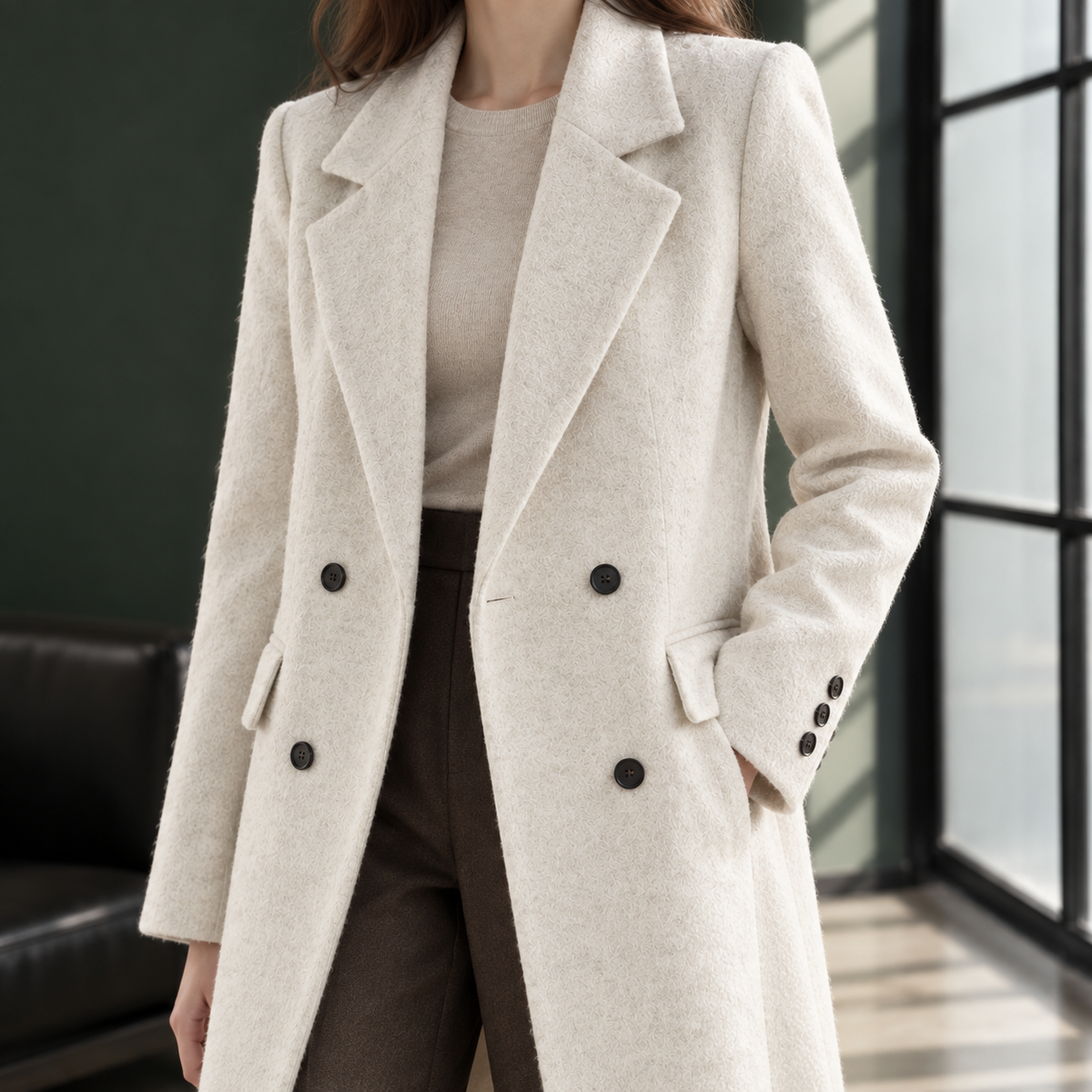 Coat Wool Blend Double-Breasted Long Straight with Wide Lapels