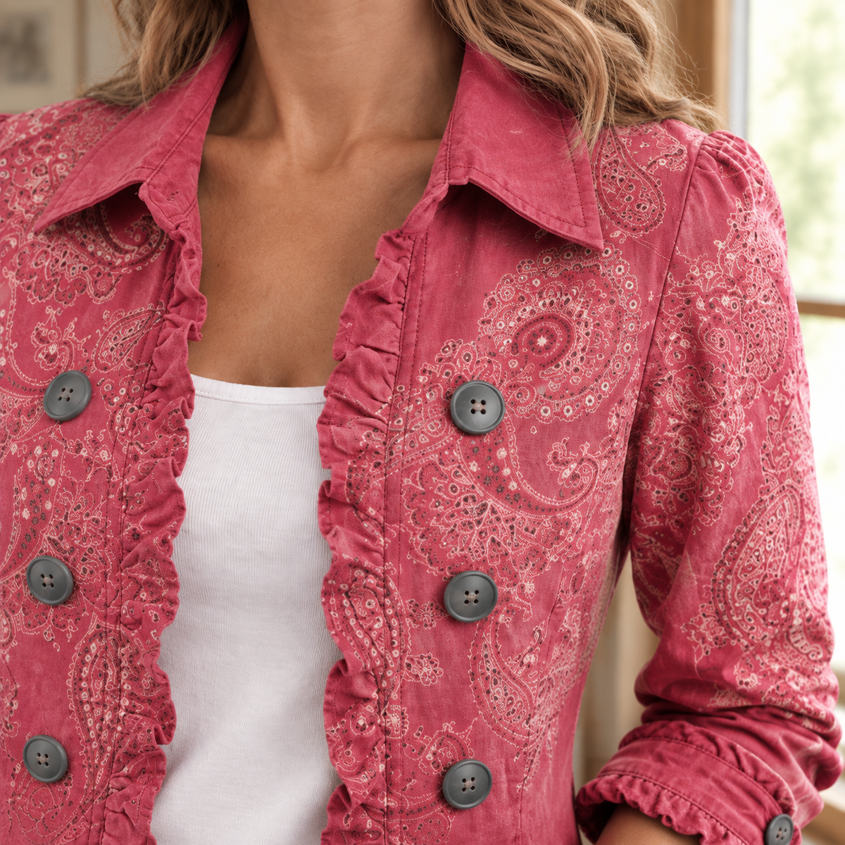 Jacket Polyester Paisley with Pointed Collar and Ruffled Edging