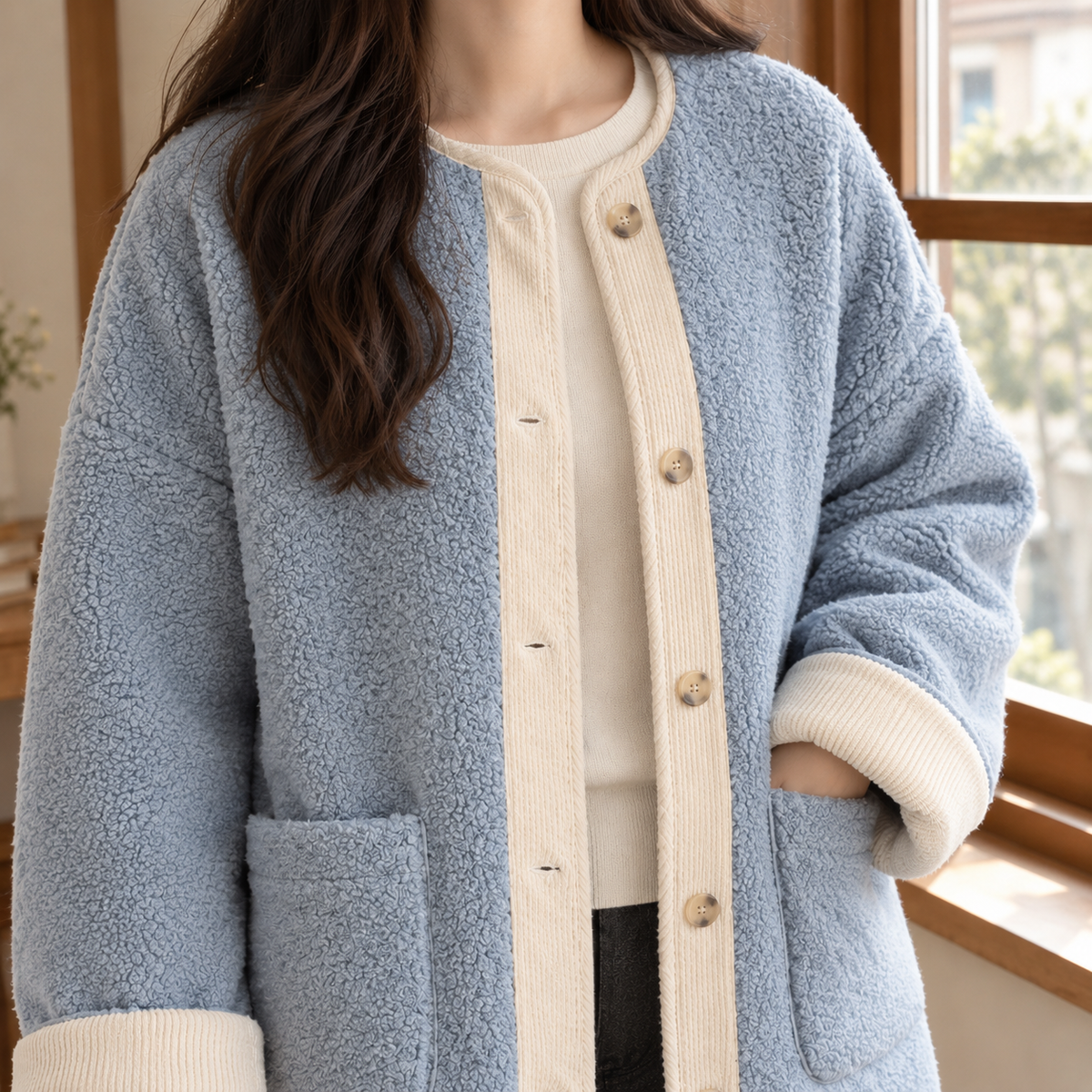 Jacket Wool Oversized with Contrast Ribbed Trim and Patch Pockets