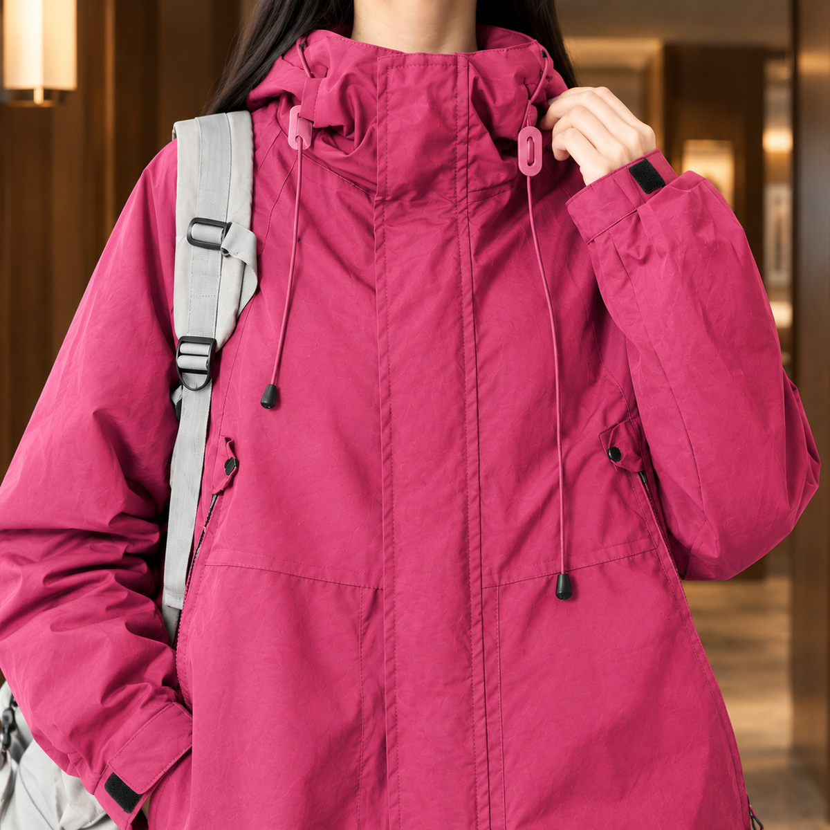 Hooded Jacket Cotton Blend Relaxed Mid-Length with Concealed Zip