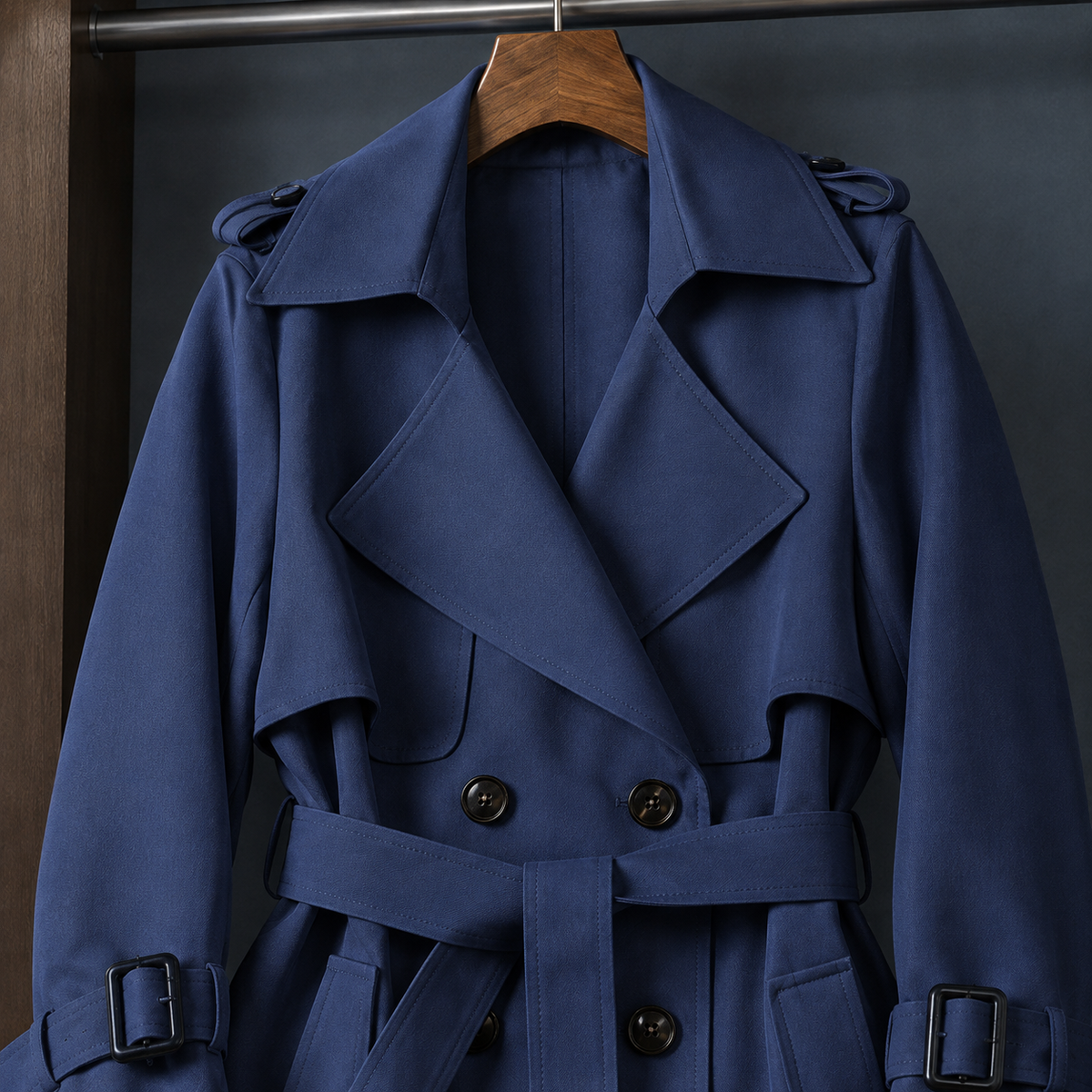 Overcoat Polyester Double-Breasted Long Flared with Buckled Belt