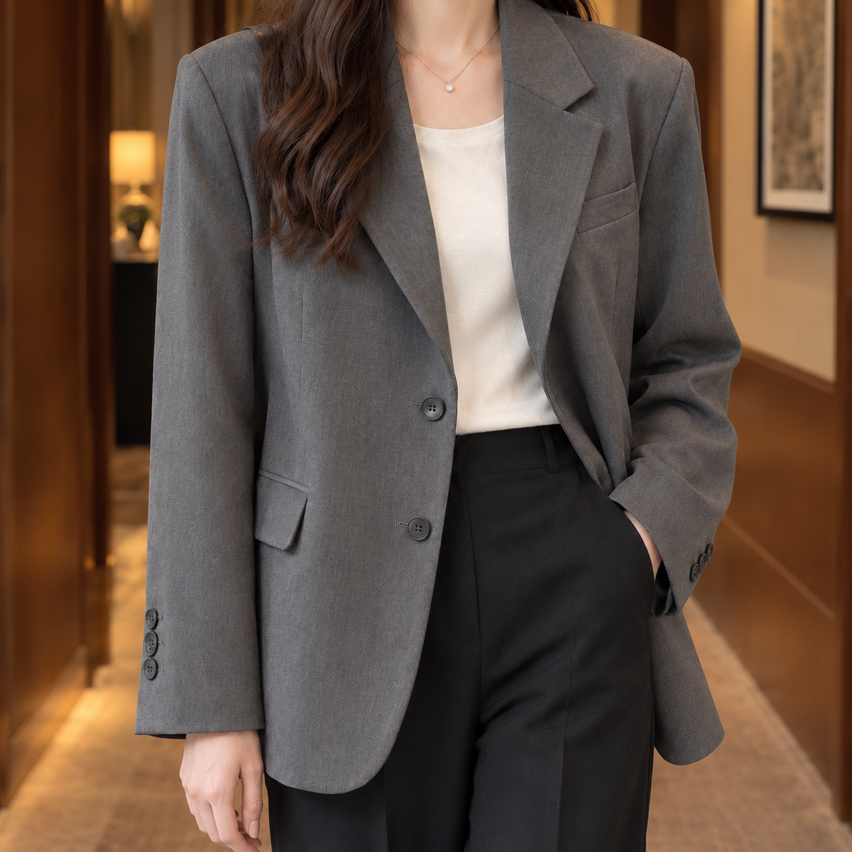 Blazer Polyester Short Tailored with Notched Lapels and Two Buttons