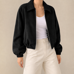 Crop Jacket Faux Suede Loose with Large Collar and Two-Way Zip