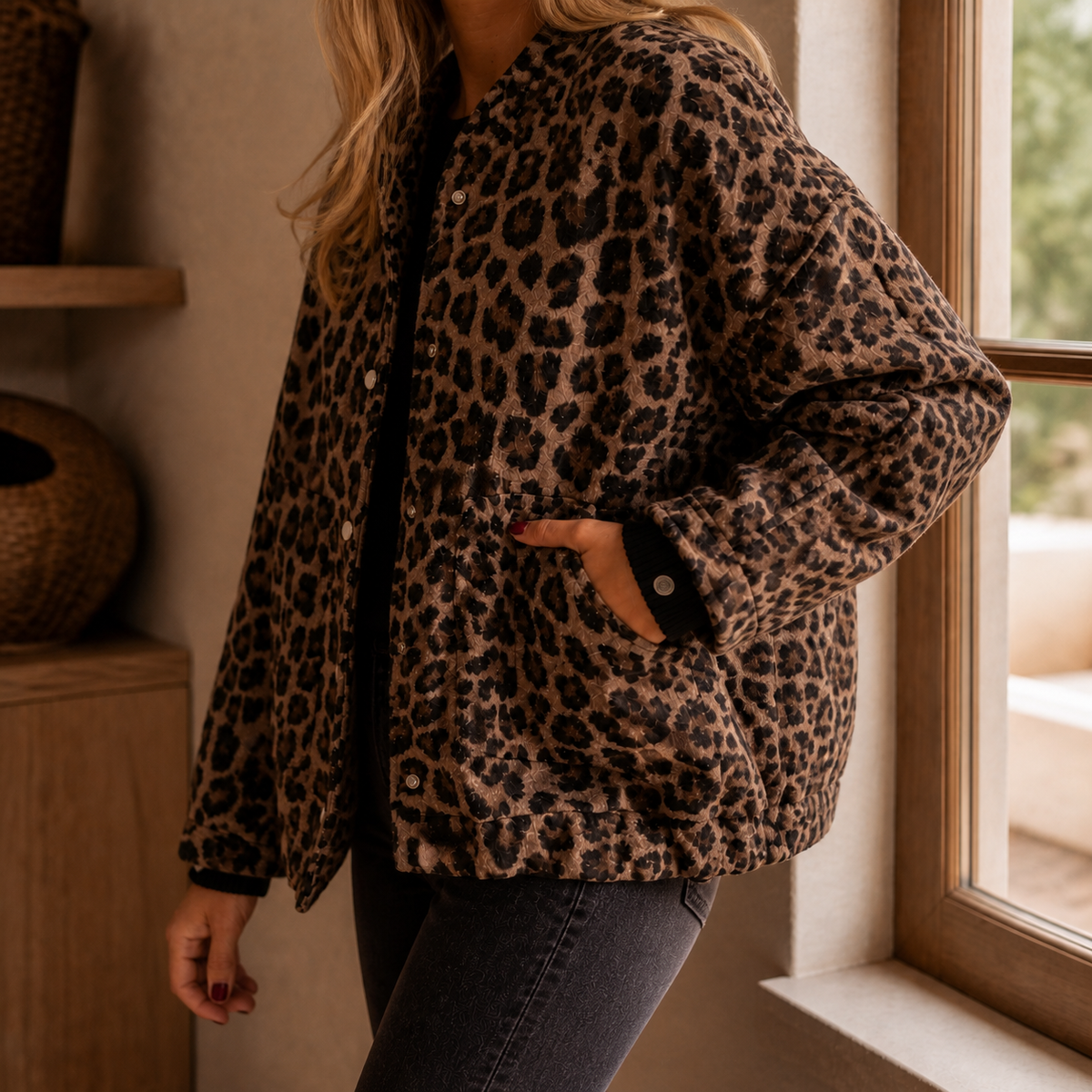 Bomber Jacket Polyester Leopard Print Relaxed with Snap Front