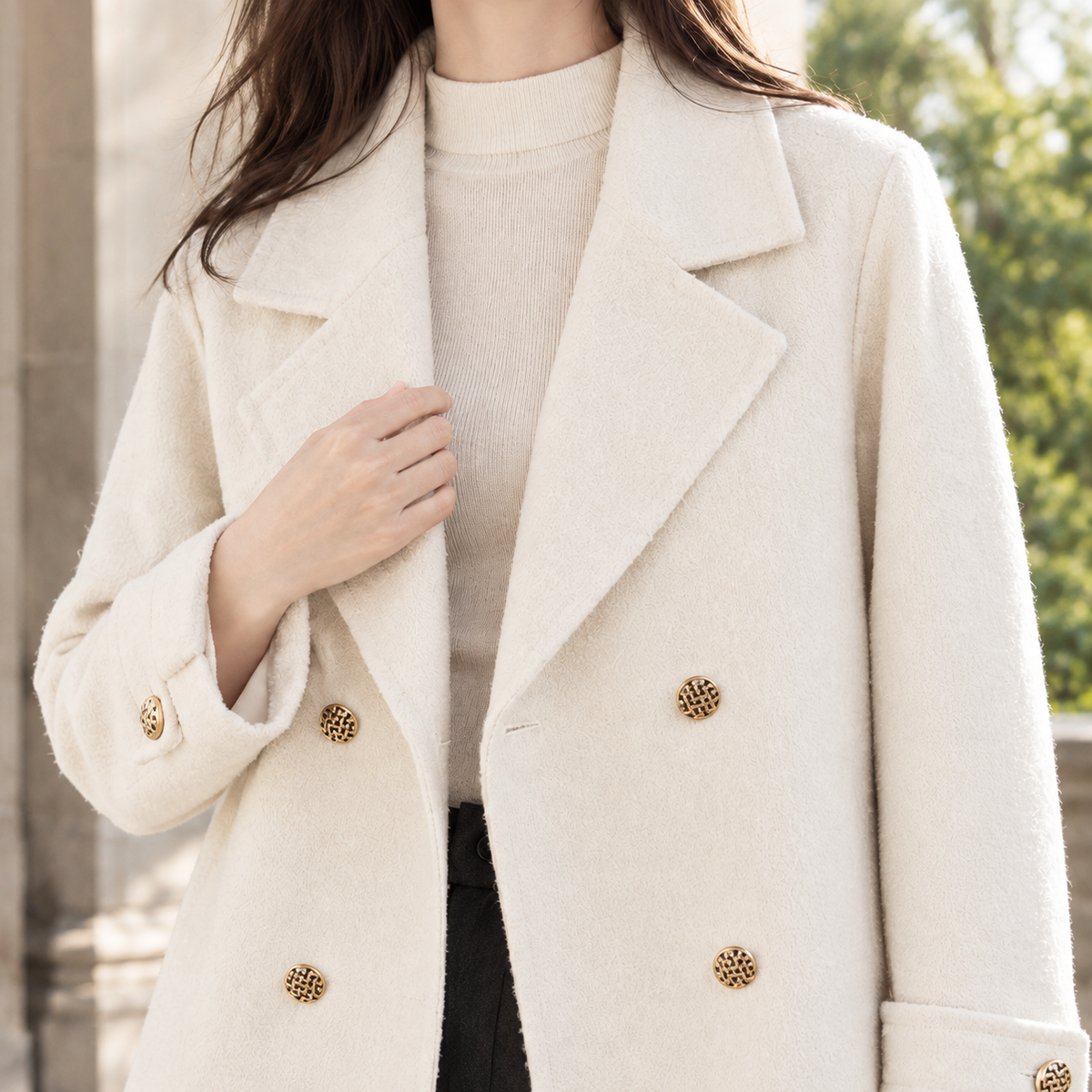 Jacket Wool Double-Breasted Cropped Relaxed with Buttoned Cuff Straps