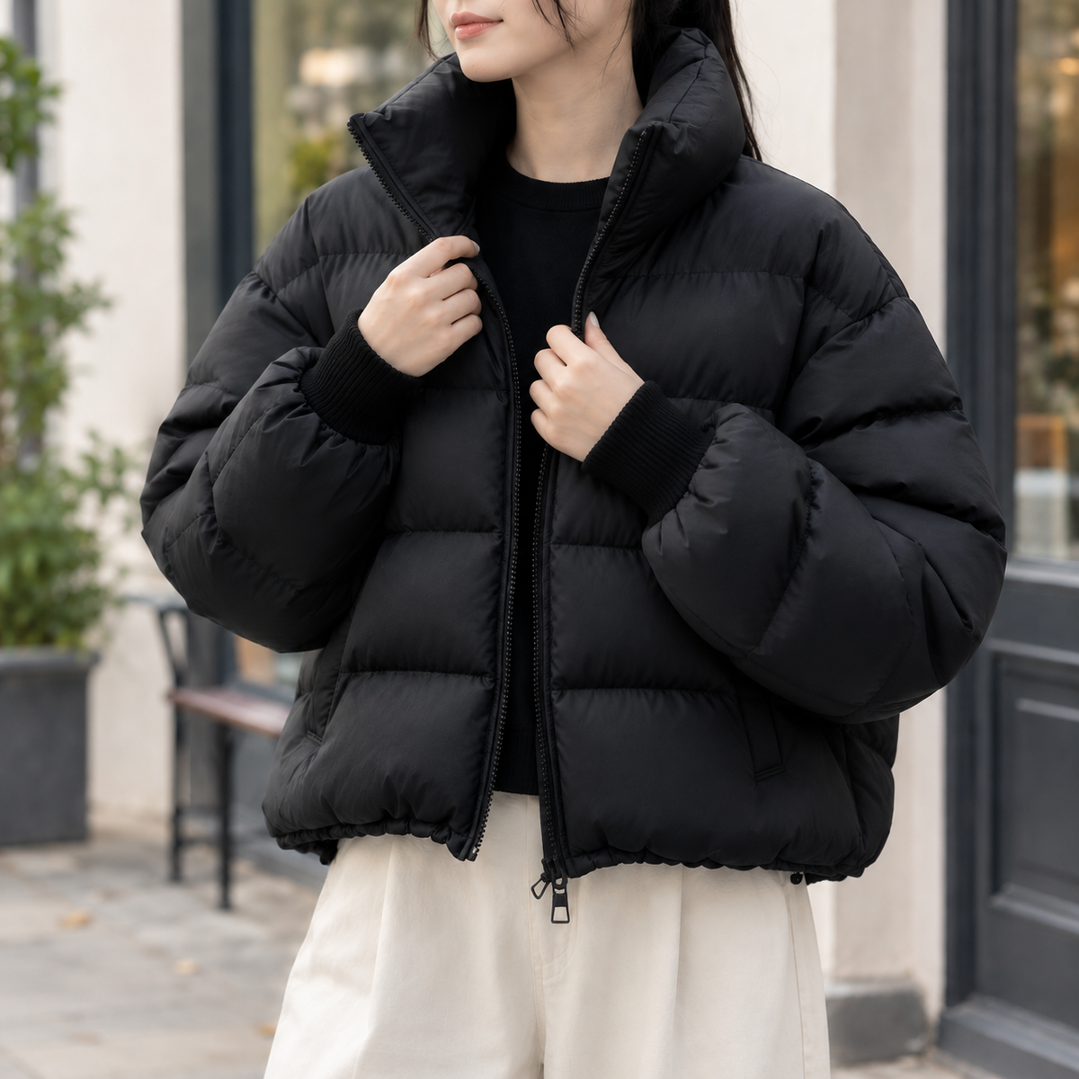 Puffer Jacket Duck Down Quilted with Sculpted Stand Collar and Zip