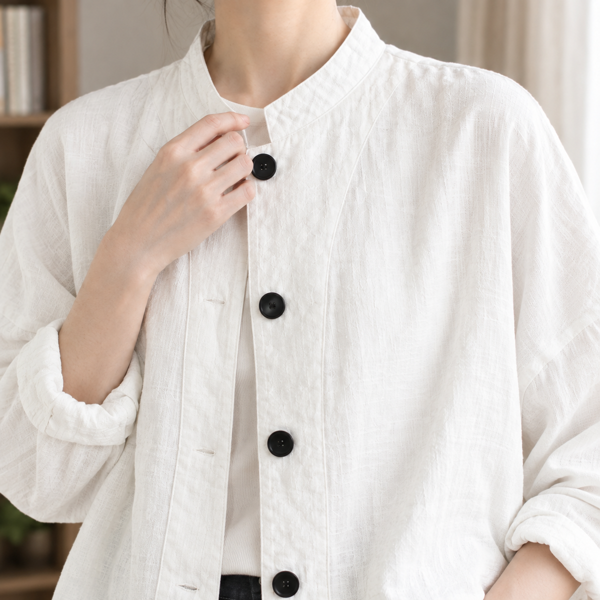Stand Collar Jacket Cotton Blend Gauze Batwing with Button Front