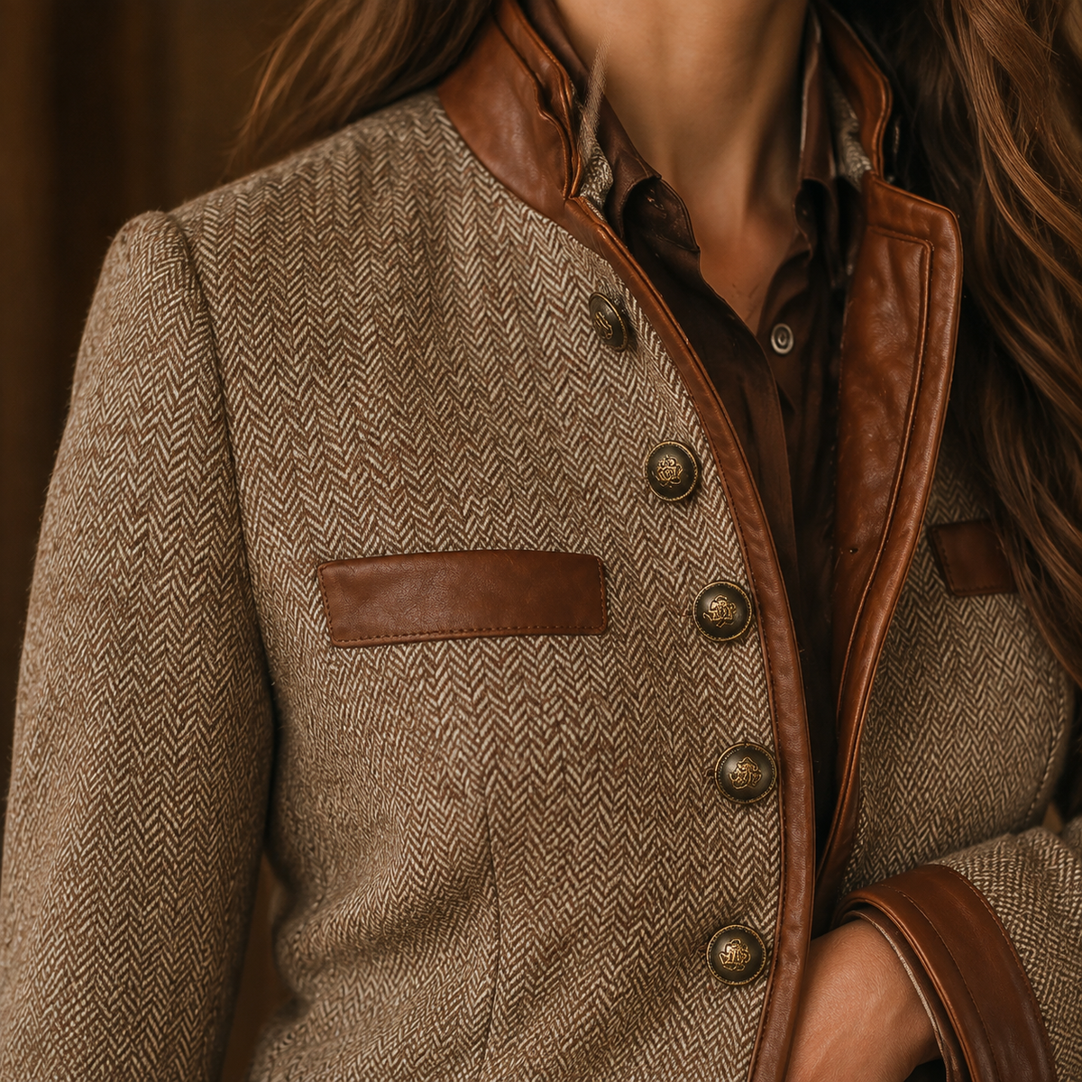 Herringbone Jacket Polyester with Leather-Look Trim and Four Pockets