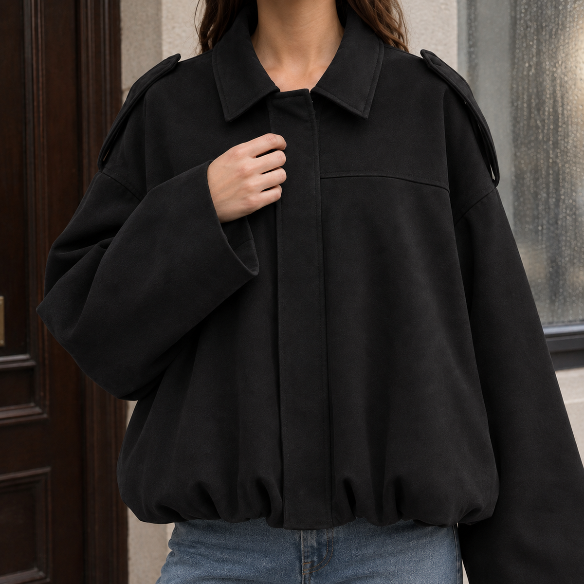 Bomber Jacket Faux Suede Relaxed with Dropped Shoulders and Bubble Hem
