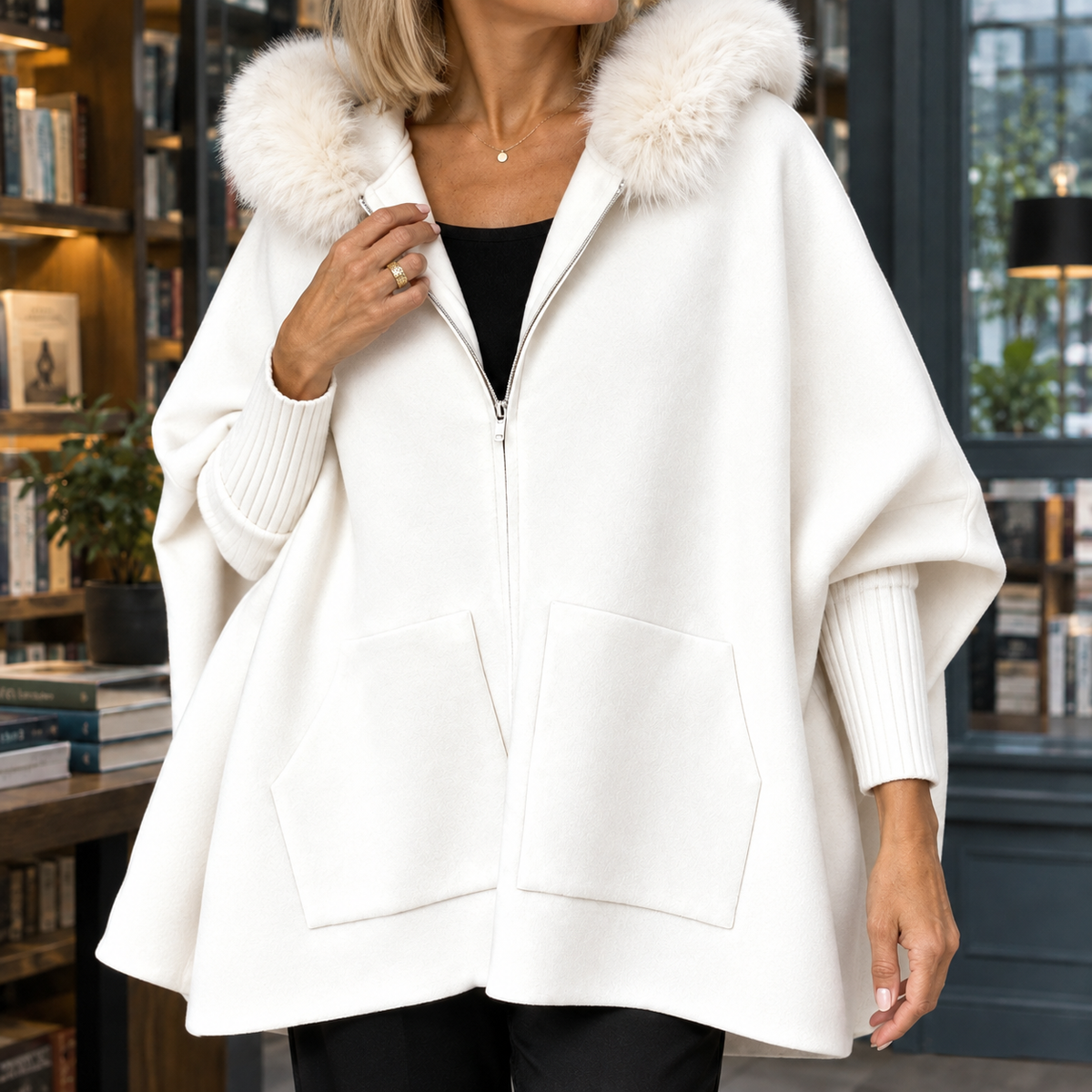 Hooded Jacket Polyester Cape Silhouette with Plush Wool-Blend Trim