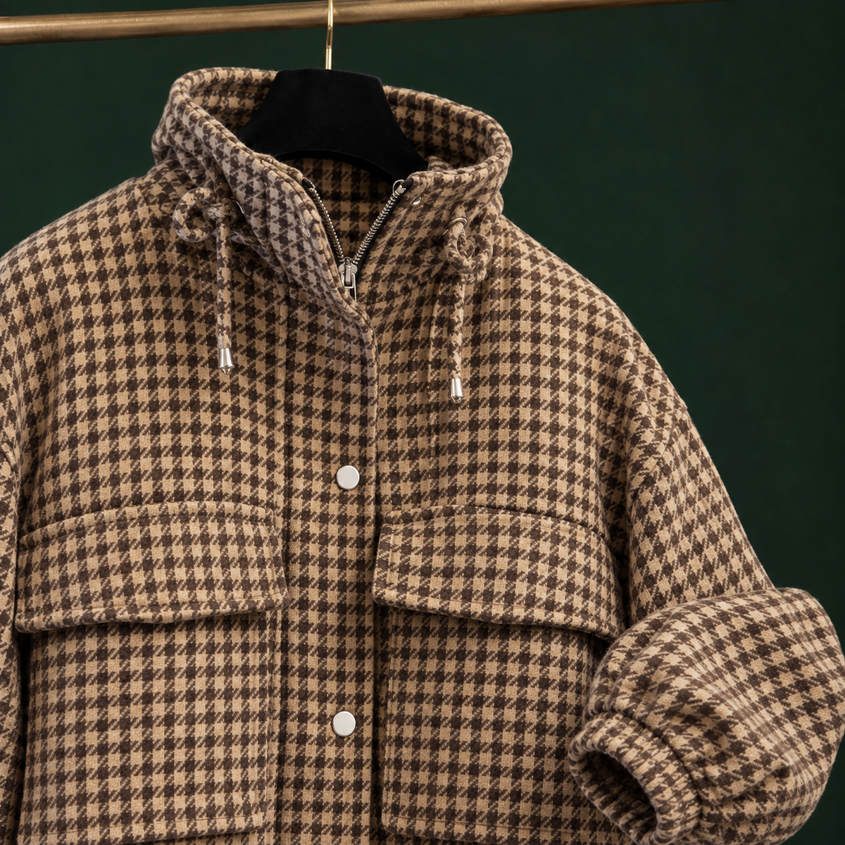 Utility Jacket Polyester Houndstooth Cropped with Flap Chest Pockets
