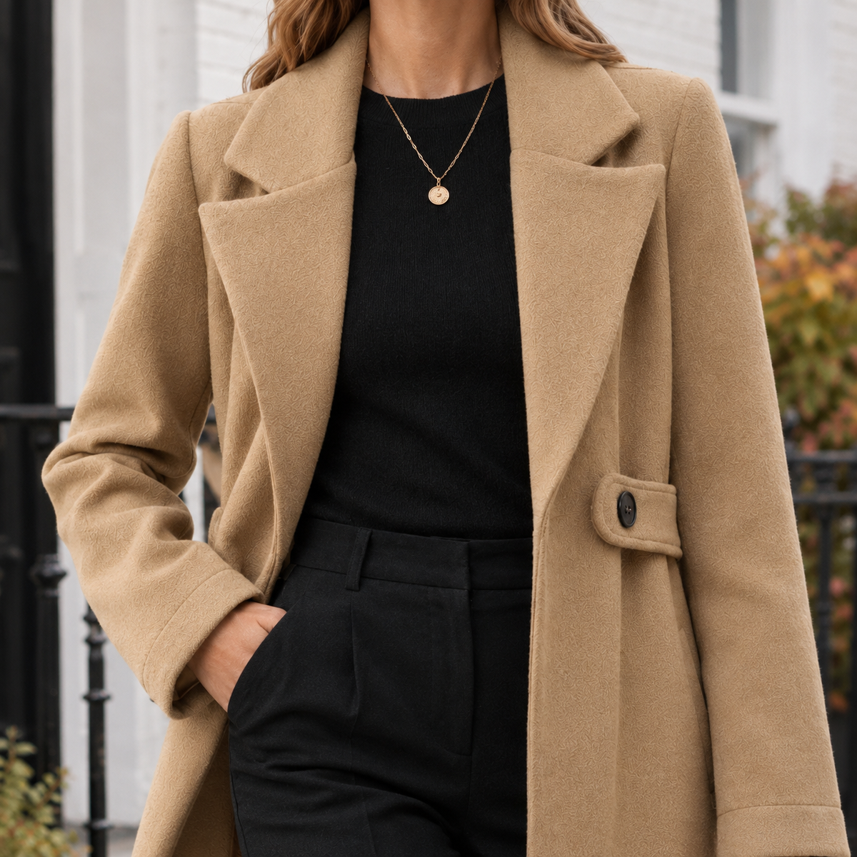 Coat Wool Longline Straight with Waist Tab and Wide Turned-Back Cuffs