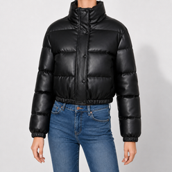 Puffer Jacket Faux Leather Cropped with Funnel Collar and Quilting