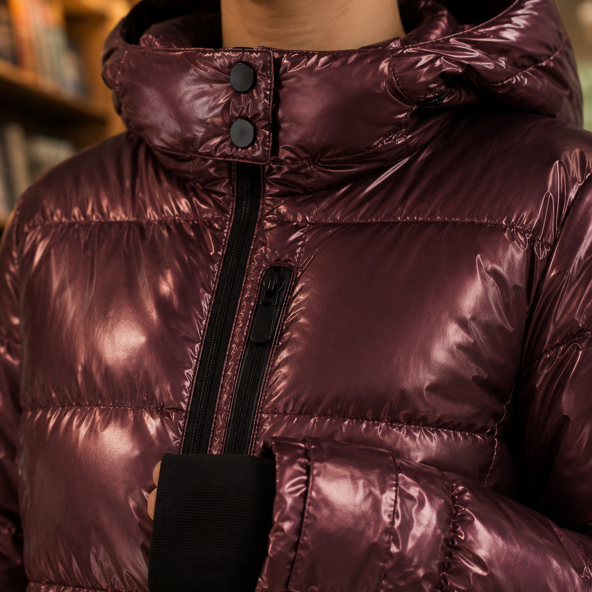 Quilted Jacket Polyester with Padded Hood, Zip Pockets and Belt