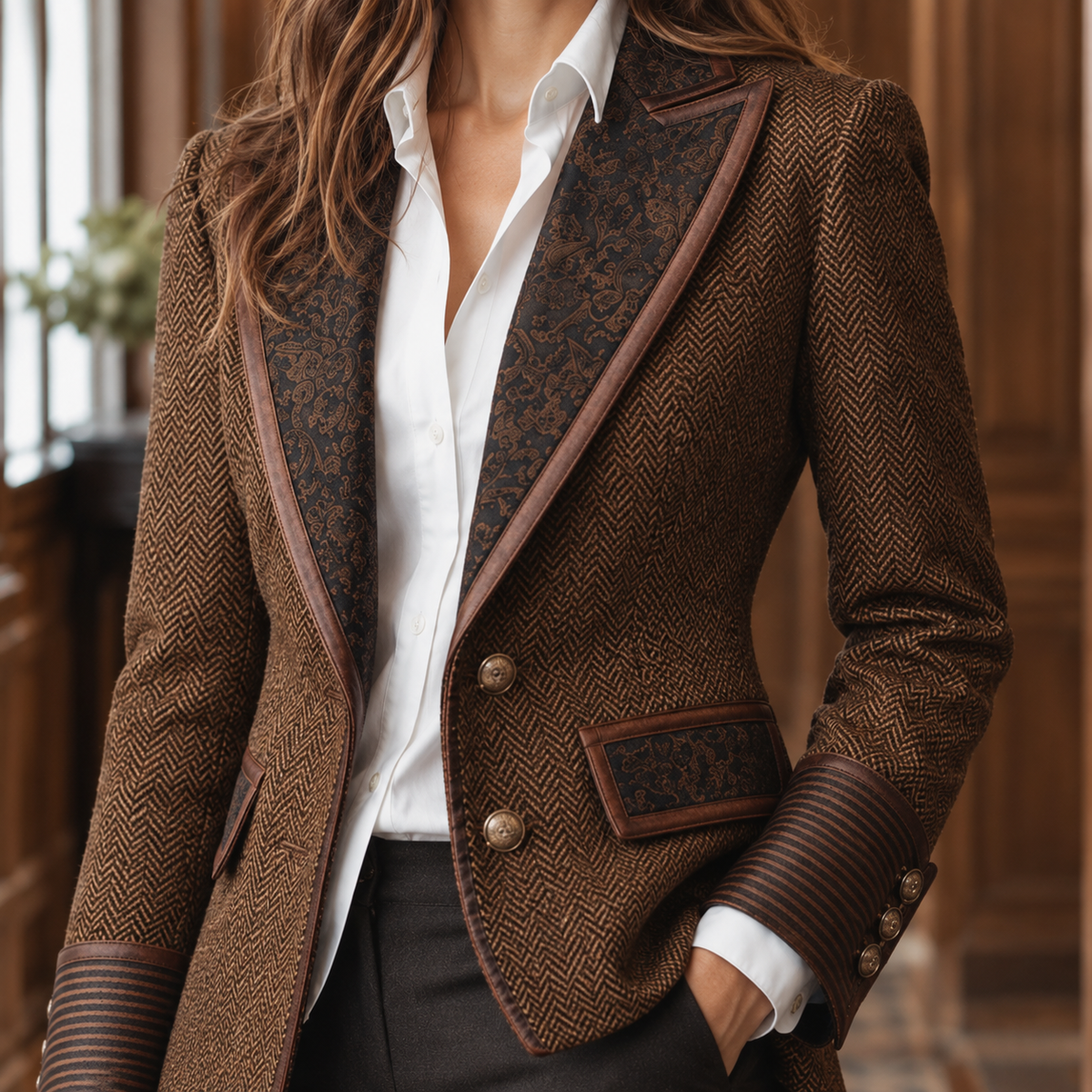 Blazer Herringbone Polyester Fitted with Paisley Peak Lapels