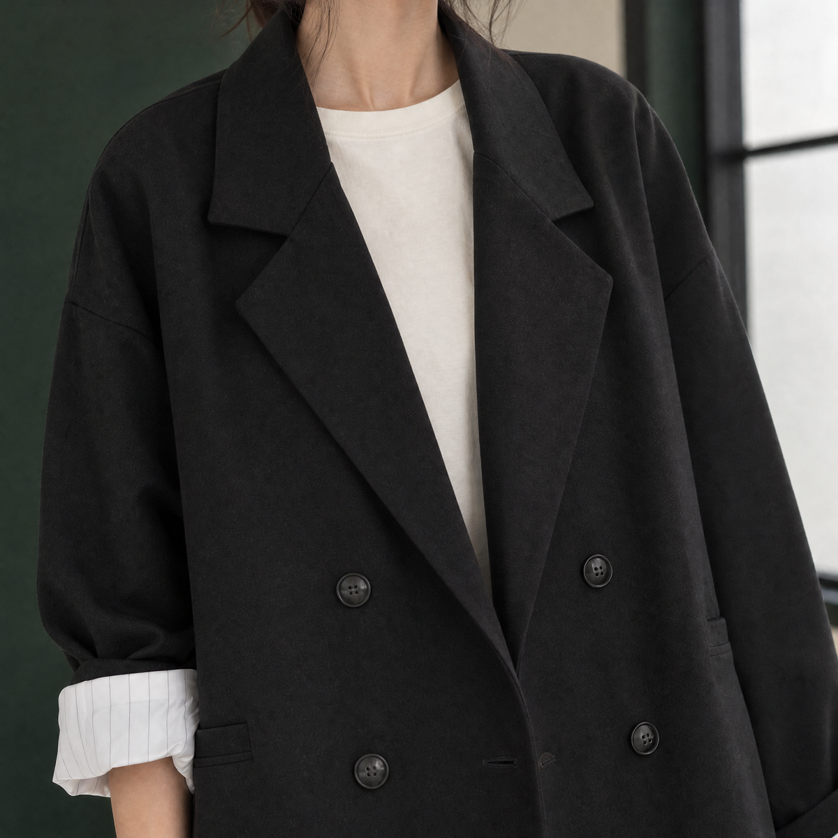 Blazer Polyester Oversized Double-Breasted with Striped Cuffs