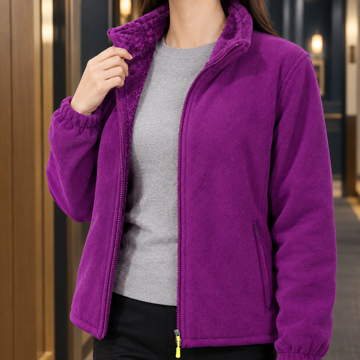 Fleece Jacket with Stand Collar, Full Zip and Zip Pockets