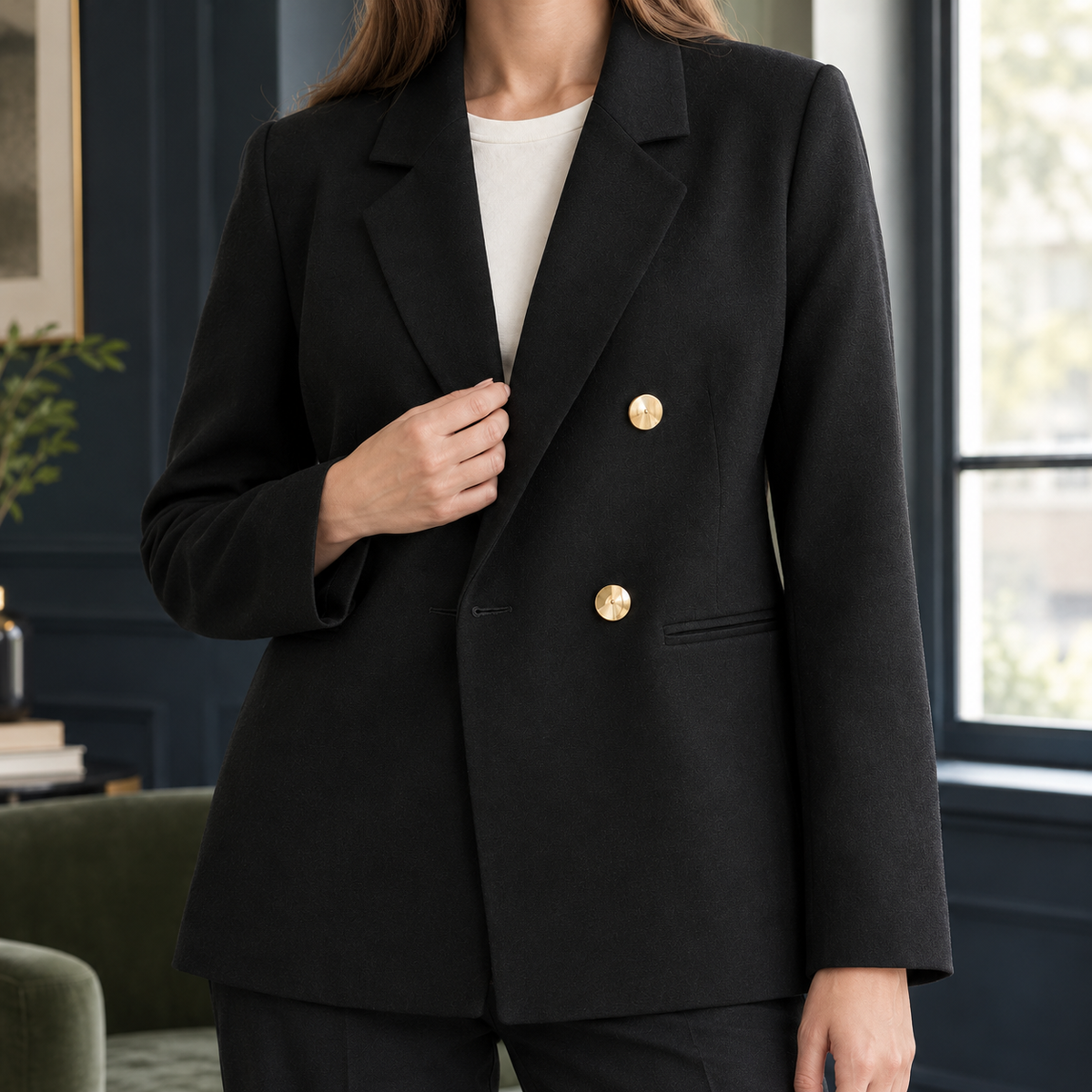 Blazer Polyester Double-Breasted with Notched Lapels and Gold Buttons